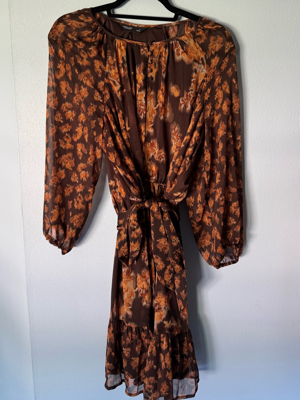 Simply Vera Vera Wang Brown Floral Long Sleeve Tie-Waist Dress